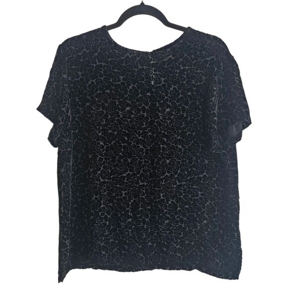 VTG‎ Liz Claiborne 14 Black Floral Silk Burnout Velvet Short Sleeve Sheer Witchy - Picture 1 of 6